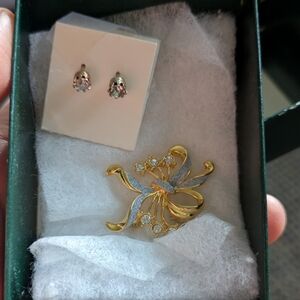 Gold and Silver Floral Brooch with Clear Stones - Women Jewelry